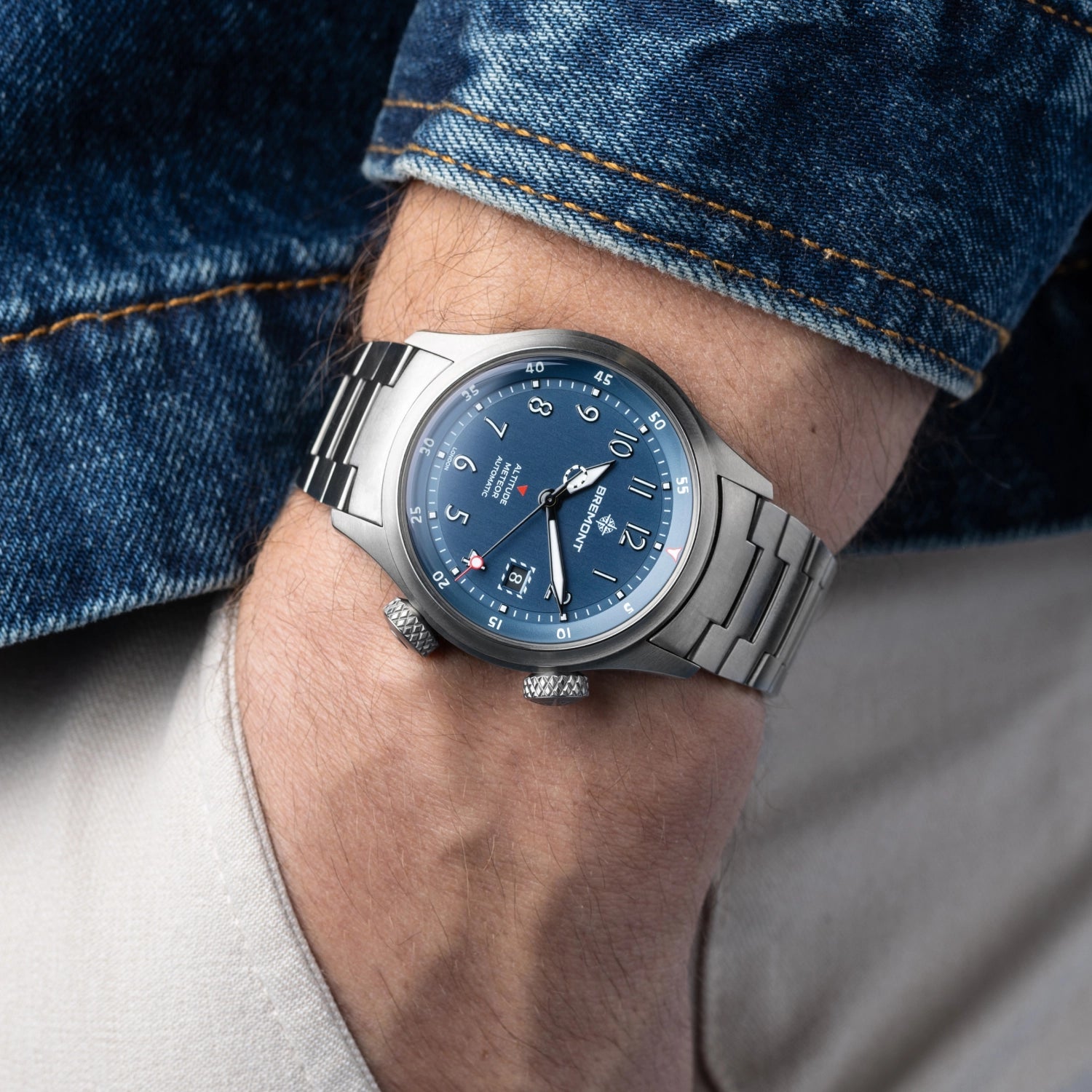 Altitude MB Meteor Blue Dial Blue Barrel Bracelet - Wrist Shot - Bremont