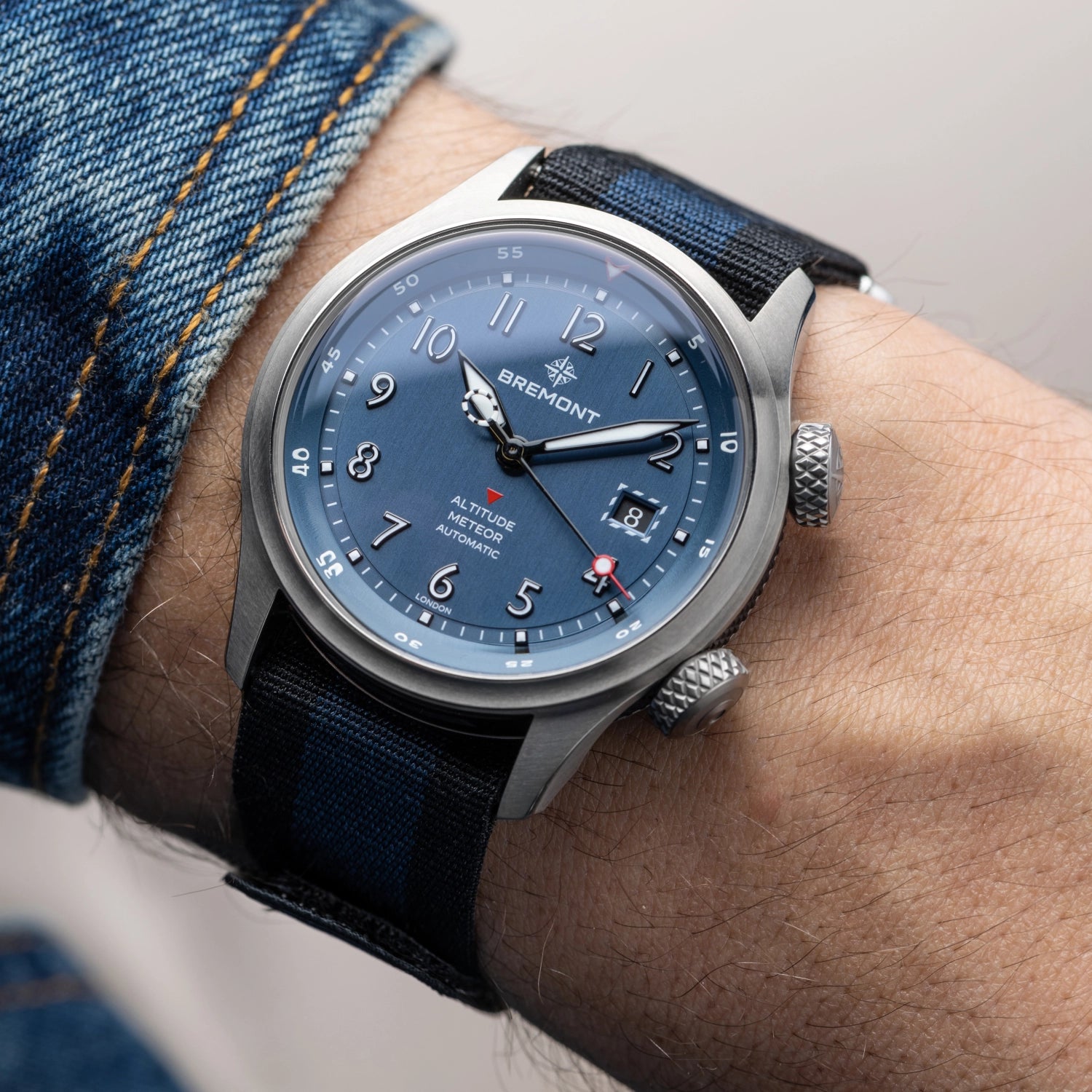 Altitude MB Meteor Blue Dial Blue Barrel Nato Strap - Wrist Shot
