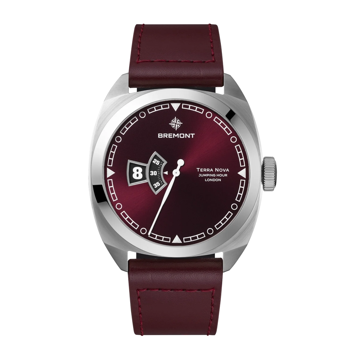 Terra Nova 40.5mm Jumping Hour Burgundy Leather Strap
