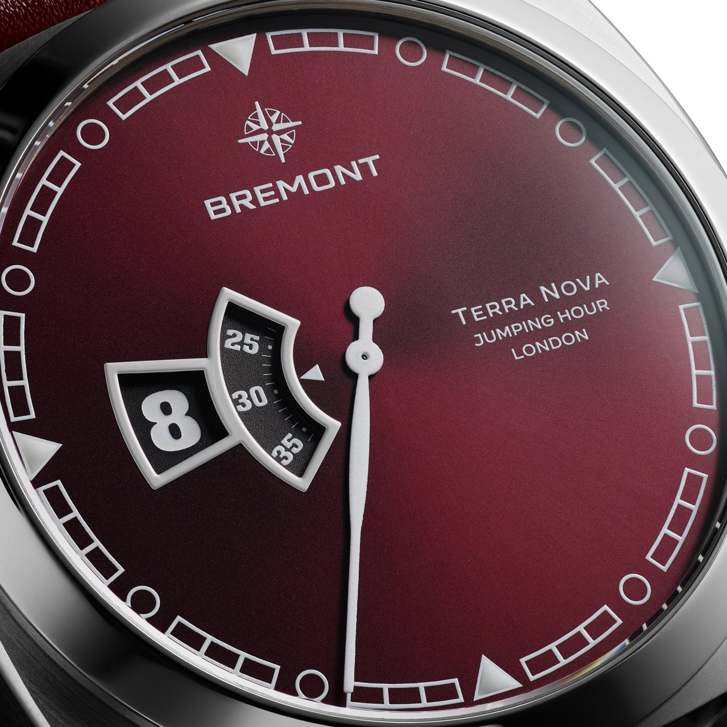 Terra Nova 40.5mm Jumping Hour Burgundy Leather Strap