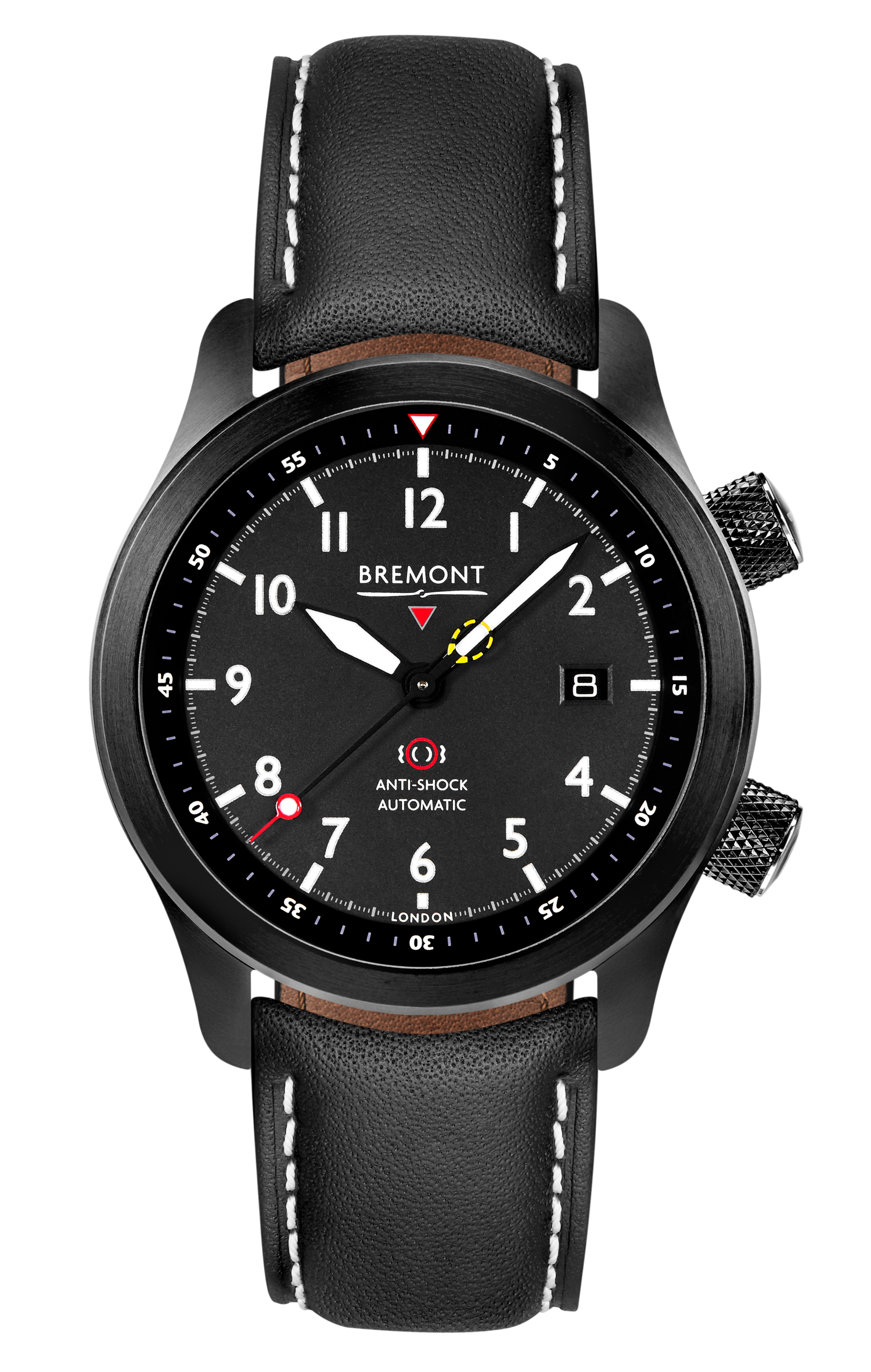 Bremont Watch Company Configurator Grey with White Stitch Leather / Short / Pin Buckle MBII Custom DLC, Black Dial with Dark Blue Barrel & Closed Case Back