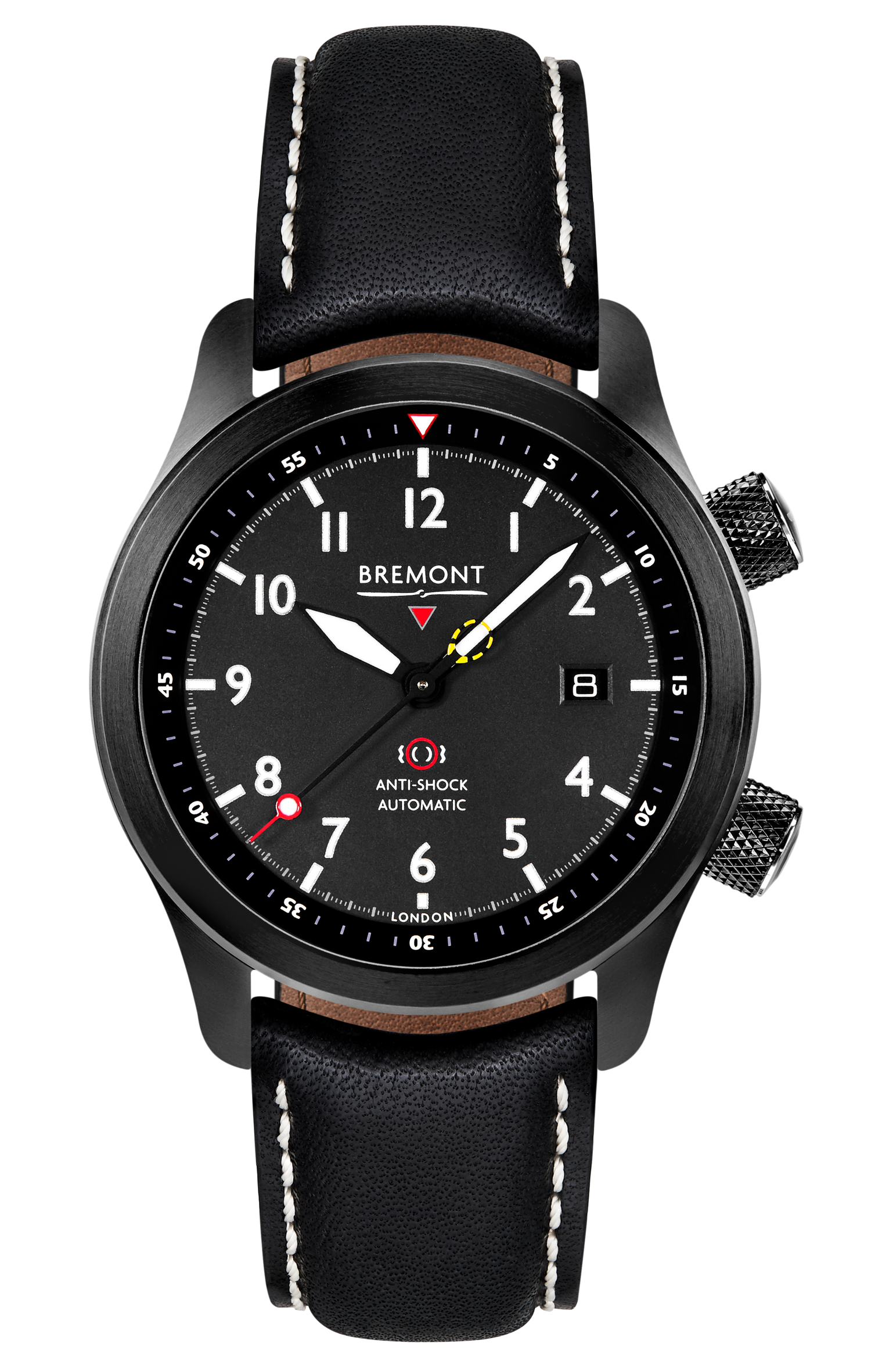 Bremont Watch Company Configurator Black with White Stitch Leather / Short / Pin Buckle MBII Custom DLC, Black Dial with Dark Blue Barrel & Closed Case Back