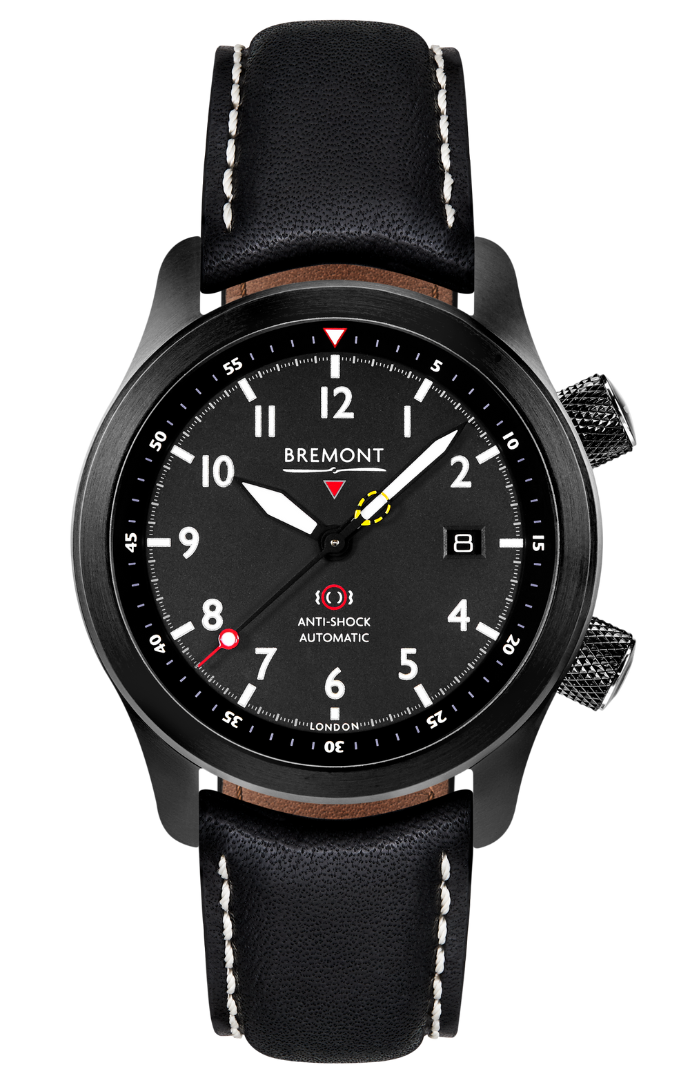 Bremont Watch Company Configurator Black with White Stitch Leather / Short / Pin Buckle MBII Custom DLC, Black Dial with Dark Blue Barrel & Open Case Back