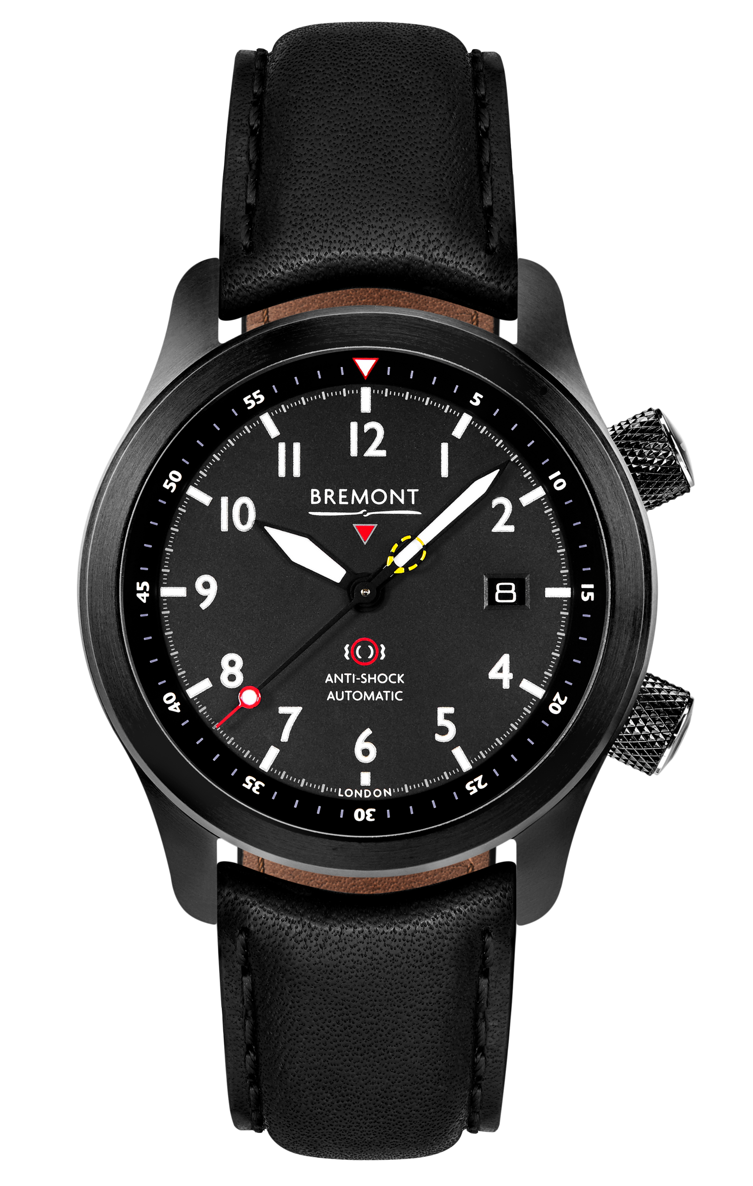 Bremont Watch Company Configurator Black with Black Stitch Leather / Short / Pin Buckle MBII Custom DLC, Black Dial with Dark Blue Barrel & Open Case Back