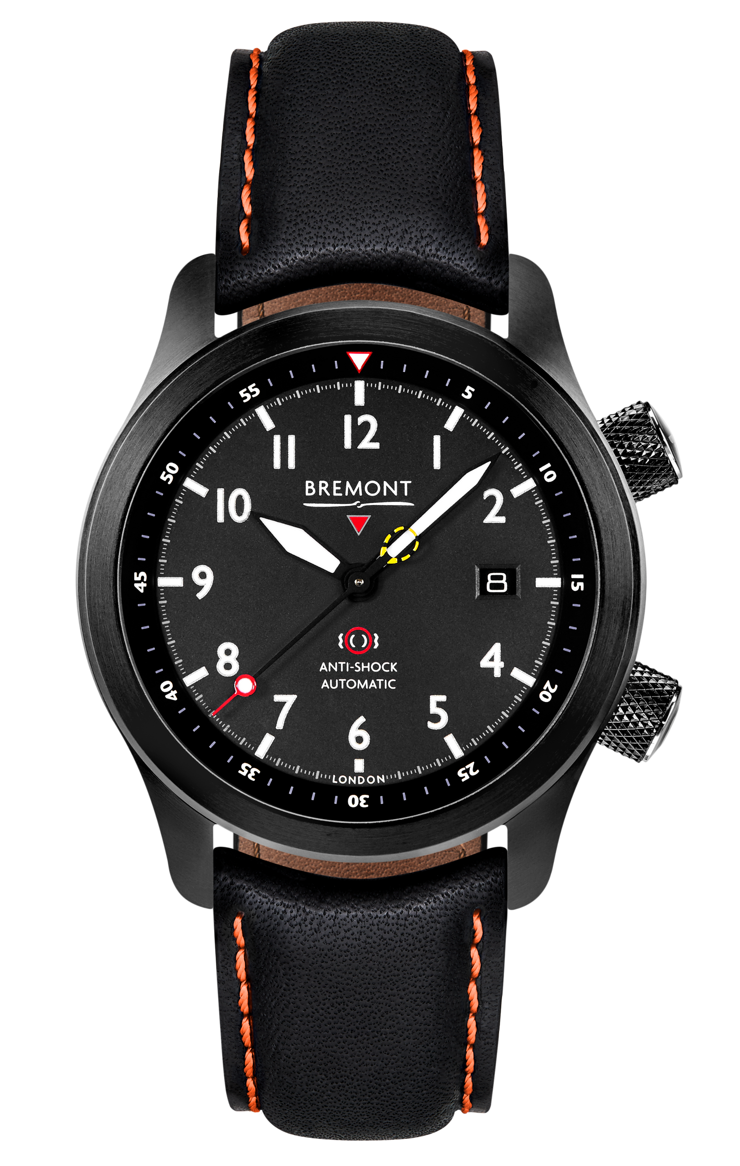 Bremont Watch Company Configurator Black with Orange Stitch Leather / Short / Pin Buckle MBII Custom DLC, Black Dial with Dark Blue Barrel & Open Case Back