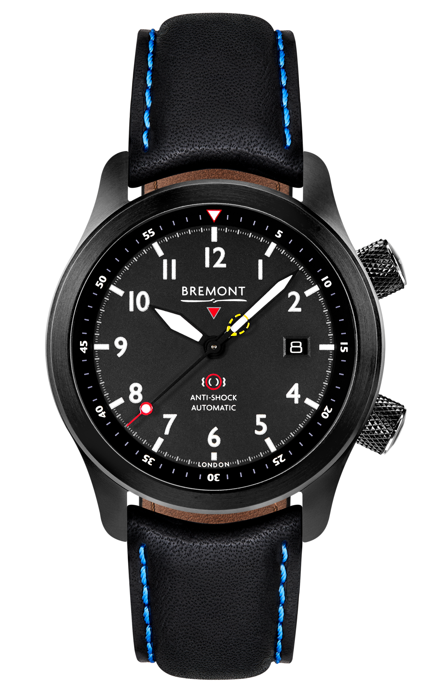 Bremont Watch Company Configurator Black with Blue Stitch Leather / Short / Pin Buckle MBII Custom DLC, Black Dial with Dark Blue Barrel & Open Case Back