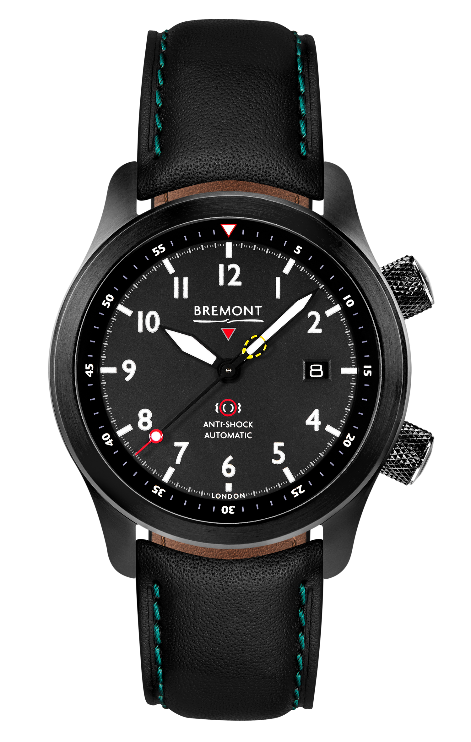 Bremont Watch Company Configurator Black with Green Stitch Leather / Short / Pin Buckle MBII Custom DLC, Black Dial with Dark Blue Barrel & Closed Case Back