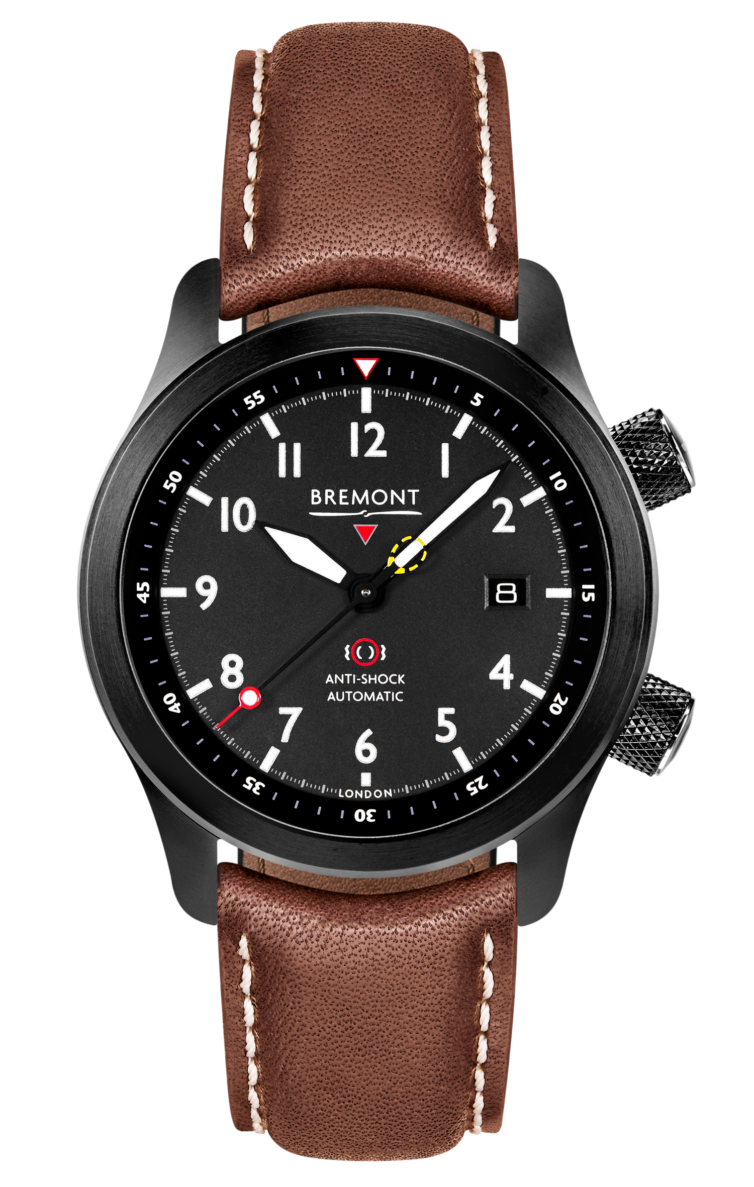 Bremont Watch Company Configurator Brown with White Stitch Leather / Short / Pin Buckle MBII Custom DLC, Black Dial with Dark Blue Barrel & Closed Case Back