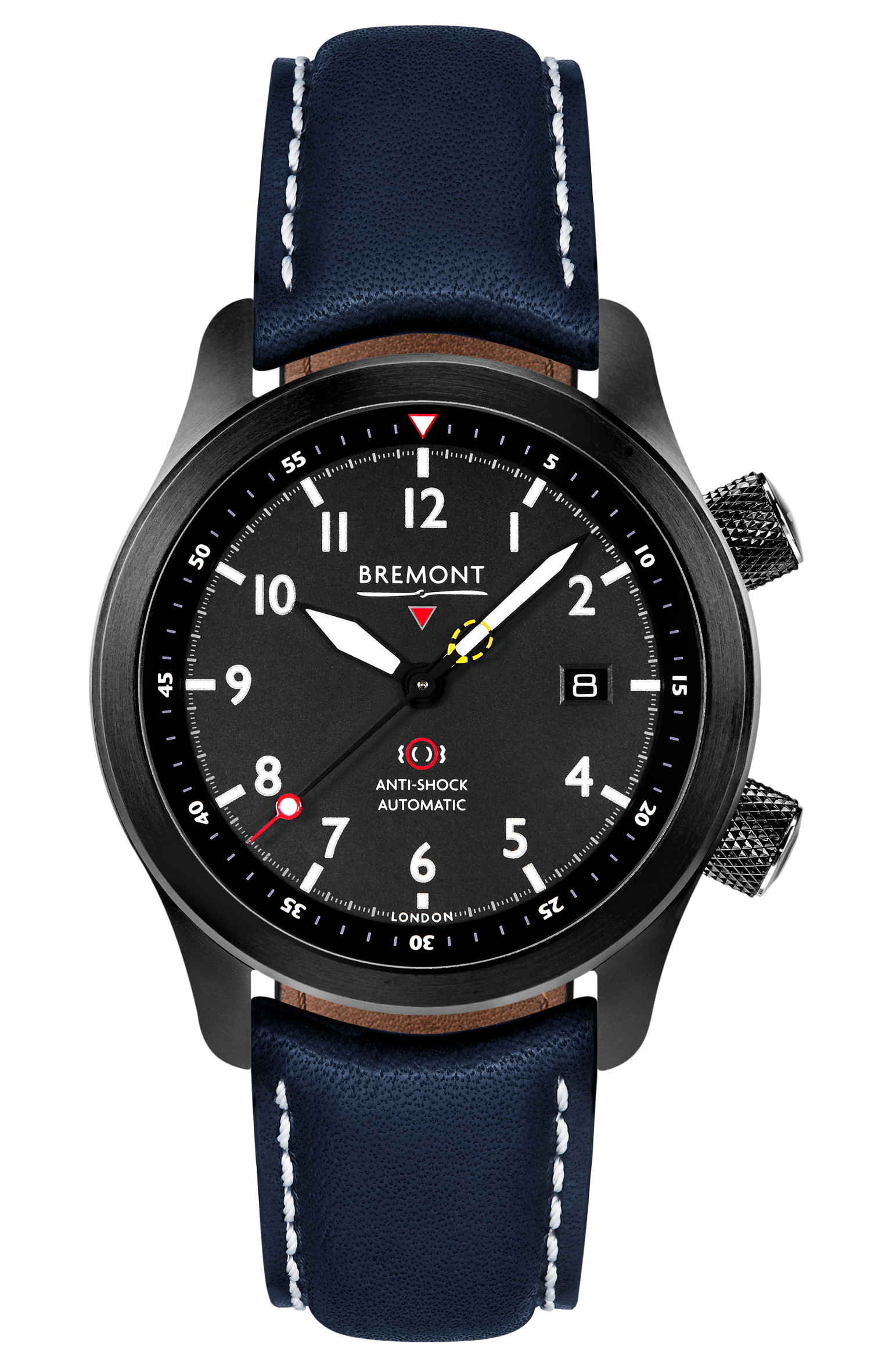 Bremont Watch Company Configurator Blue with White Stitch Leather / Short / Pin Buckle MBII Custom DLC, Black Dial with Dark Blue Barrel & Open Case Back
