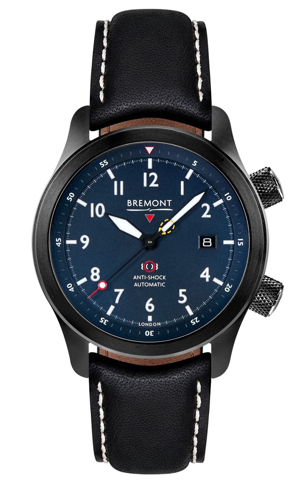 Bremont Watch Company Configurator Black with White Stitch Leather / Short / Pin Buckle MBII Custom DLC, Blue Dial with Dark Blue Barrel & Closed Case Back