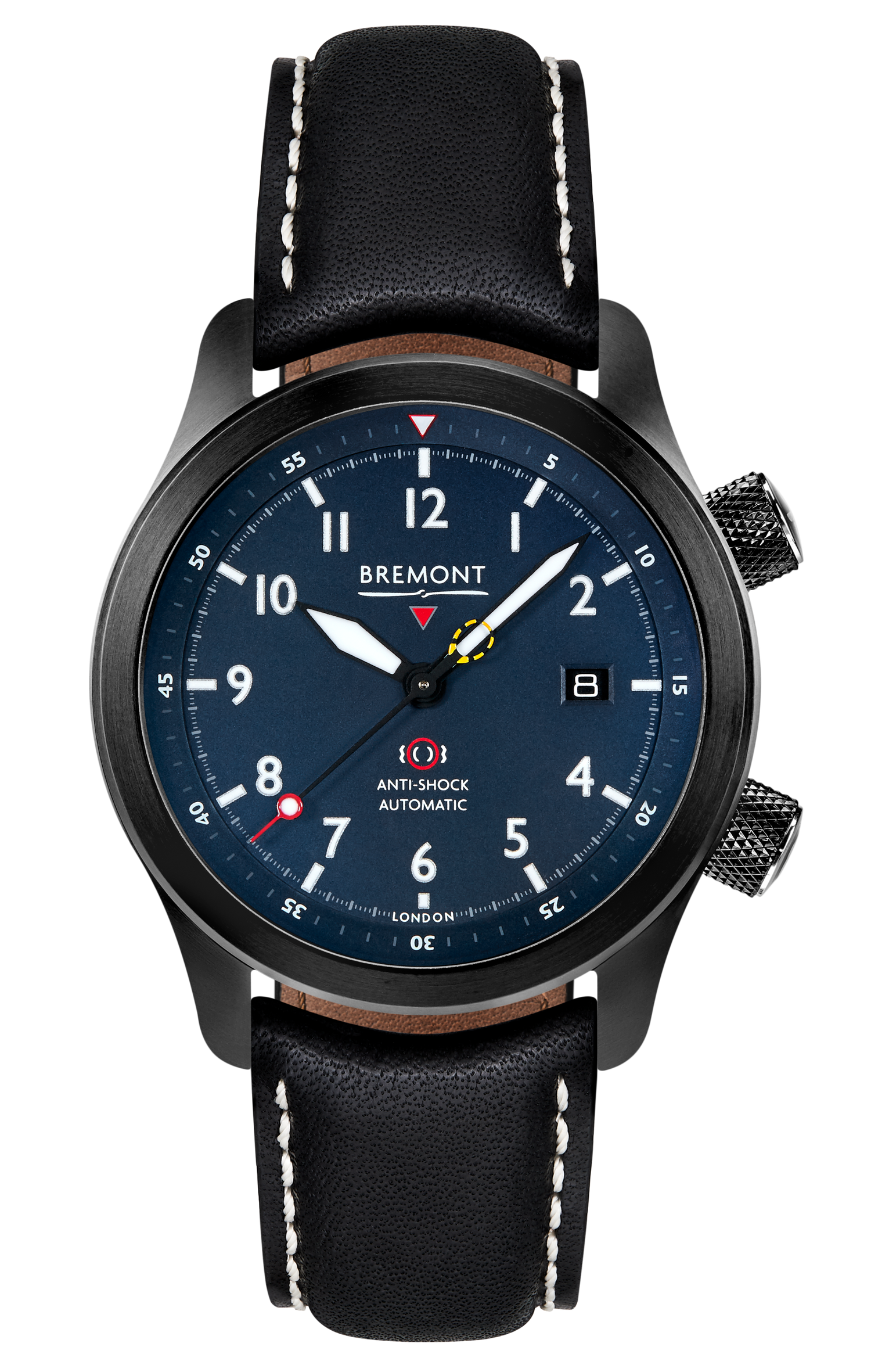 Bremont Watch Company Configurator Black with White Stitch Leather / Short / Pin Buckle MBII Custom DLC, Blue Dial with Dark Blue Barrel & Open Case Back