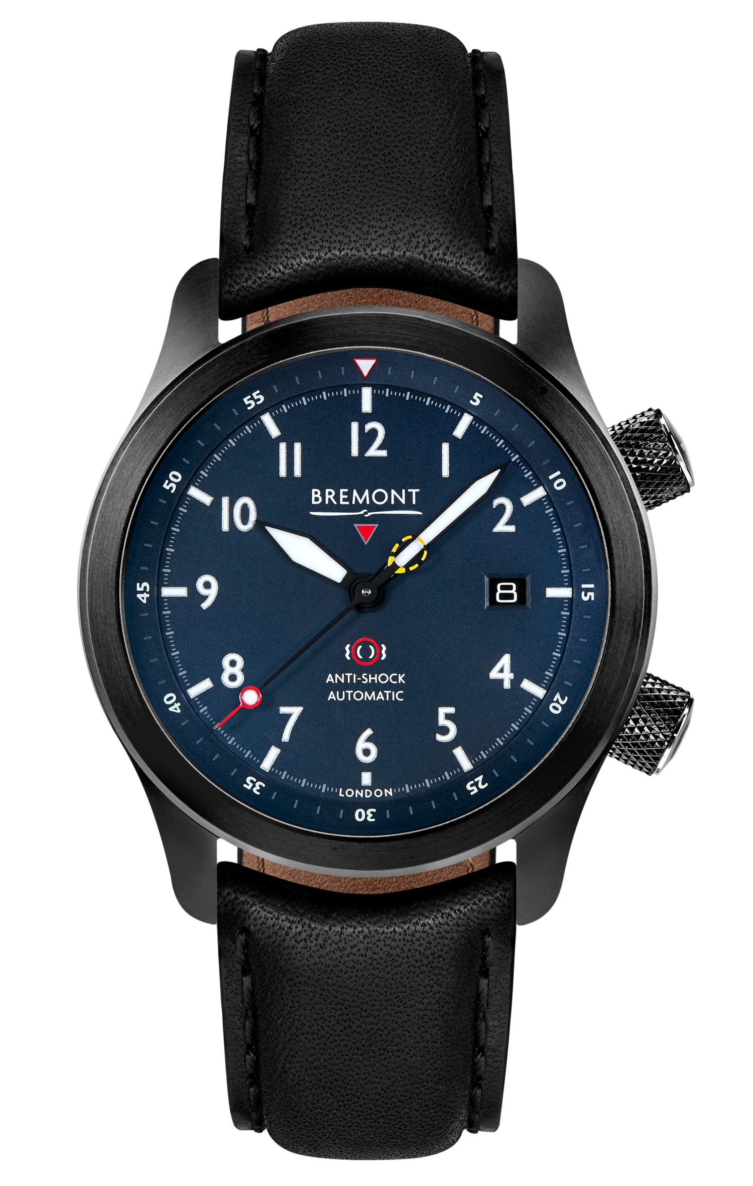 Bremont Watch Company Configurator Black with Black Stitch Leather / Short / Pin Buckle MBII Custom DLC, Blue Dial with Dark Blue Barrel & Closed Case Back
