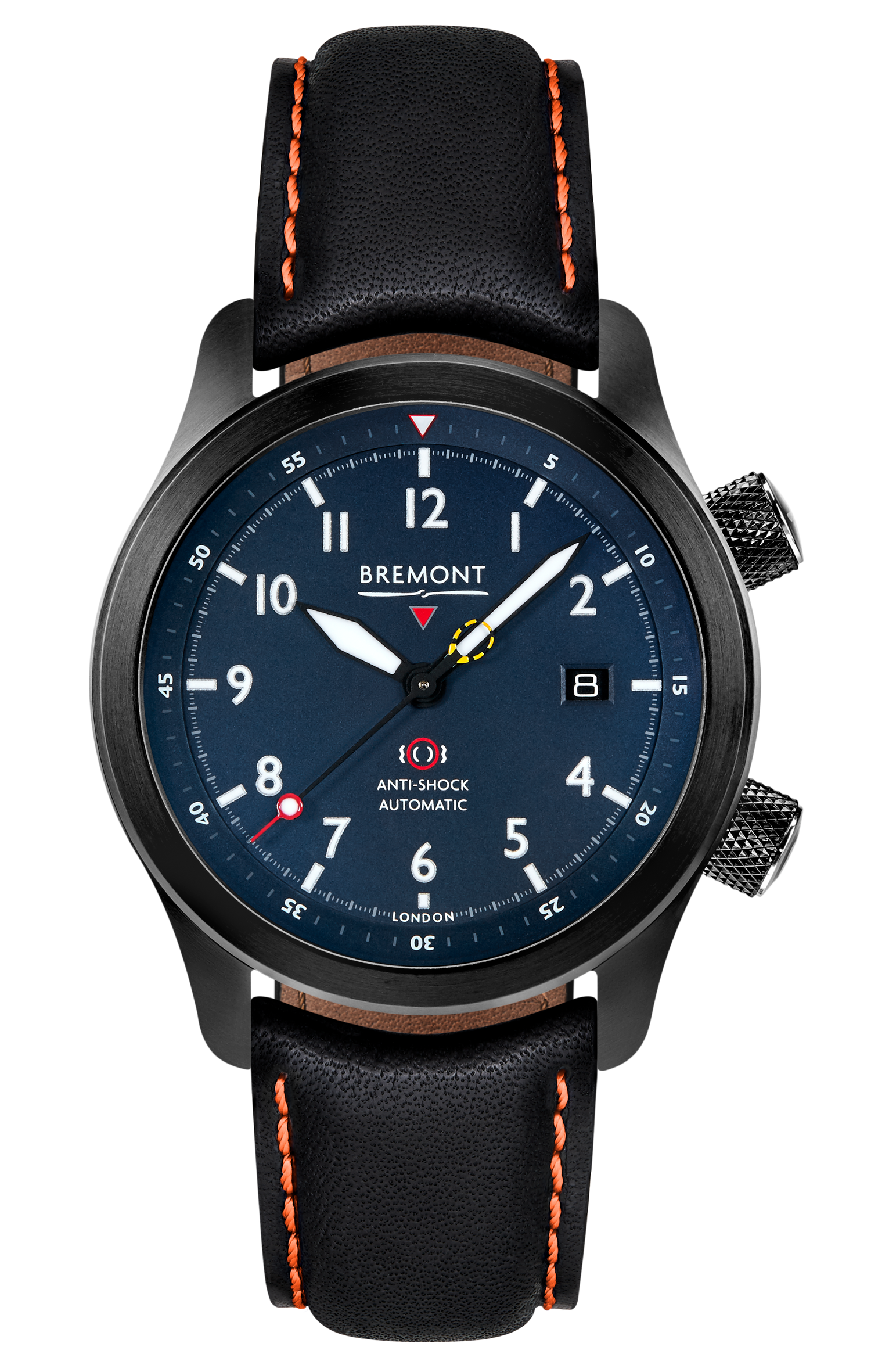 Bremont Watch Company Configurator Black with Orange Stitch Leather / Short / Pin Buckle MBII Custom DLC, Blue Dial with Dark Blue Barrel & Closed Case Back