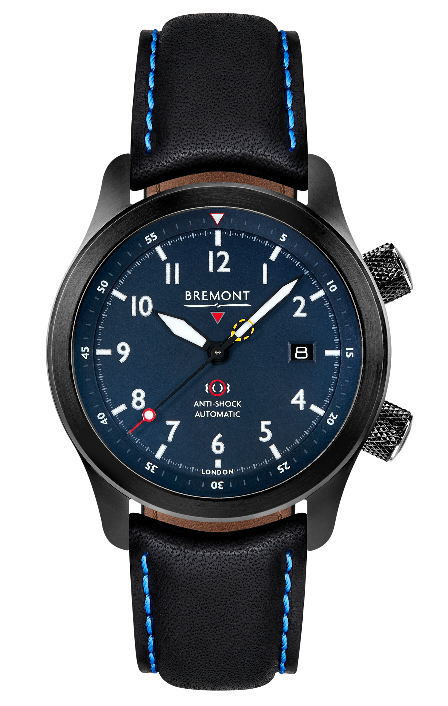 Bremont Watch Company Configurator Black with Blue Stitch Leather / Short / Pin Buckle MBII Custom DLC, Blue Dial with Dark Blue Barrel & Closed Case Back