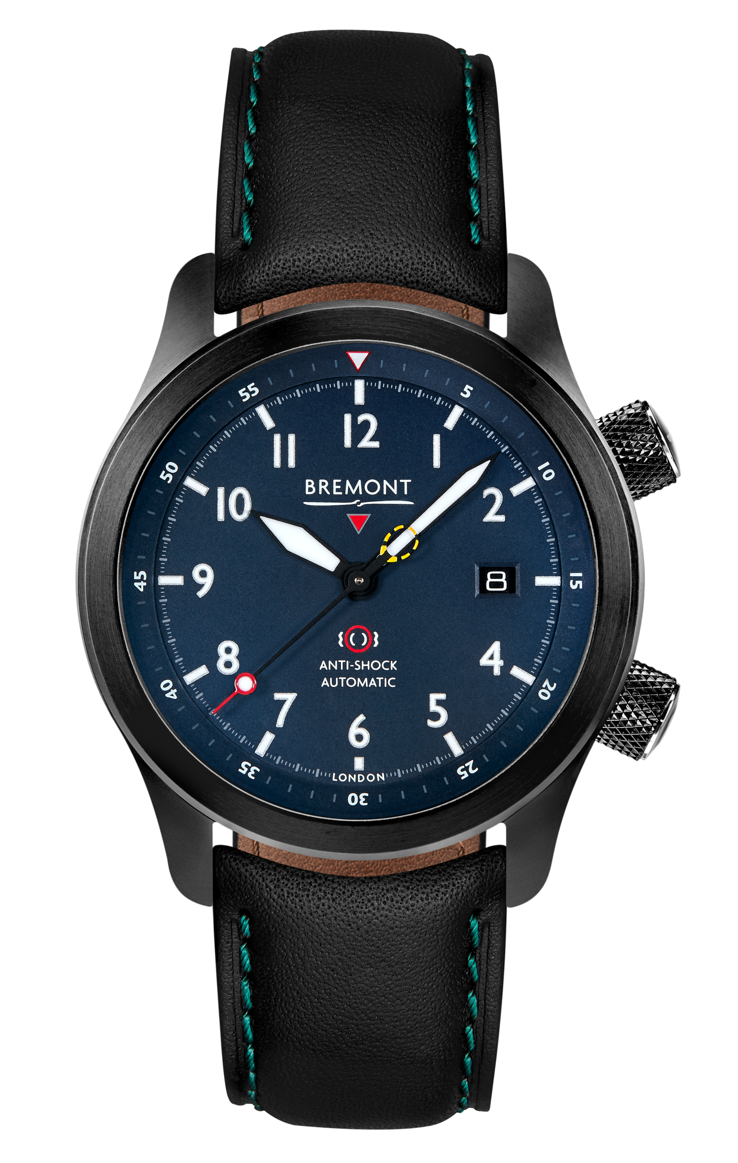 Bremont Watch Company Configurator Black with Green Stitch Leather / Short / Pin Buckle MBII Custom DLC, Blue Dial with Dark Blue Barrel & Closed Case Back