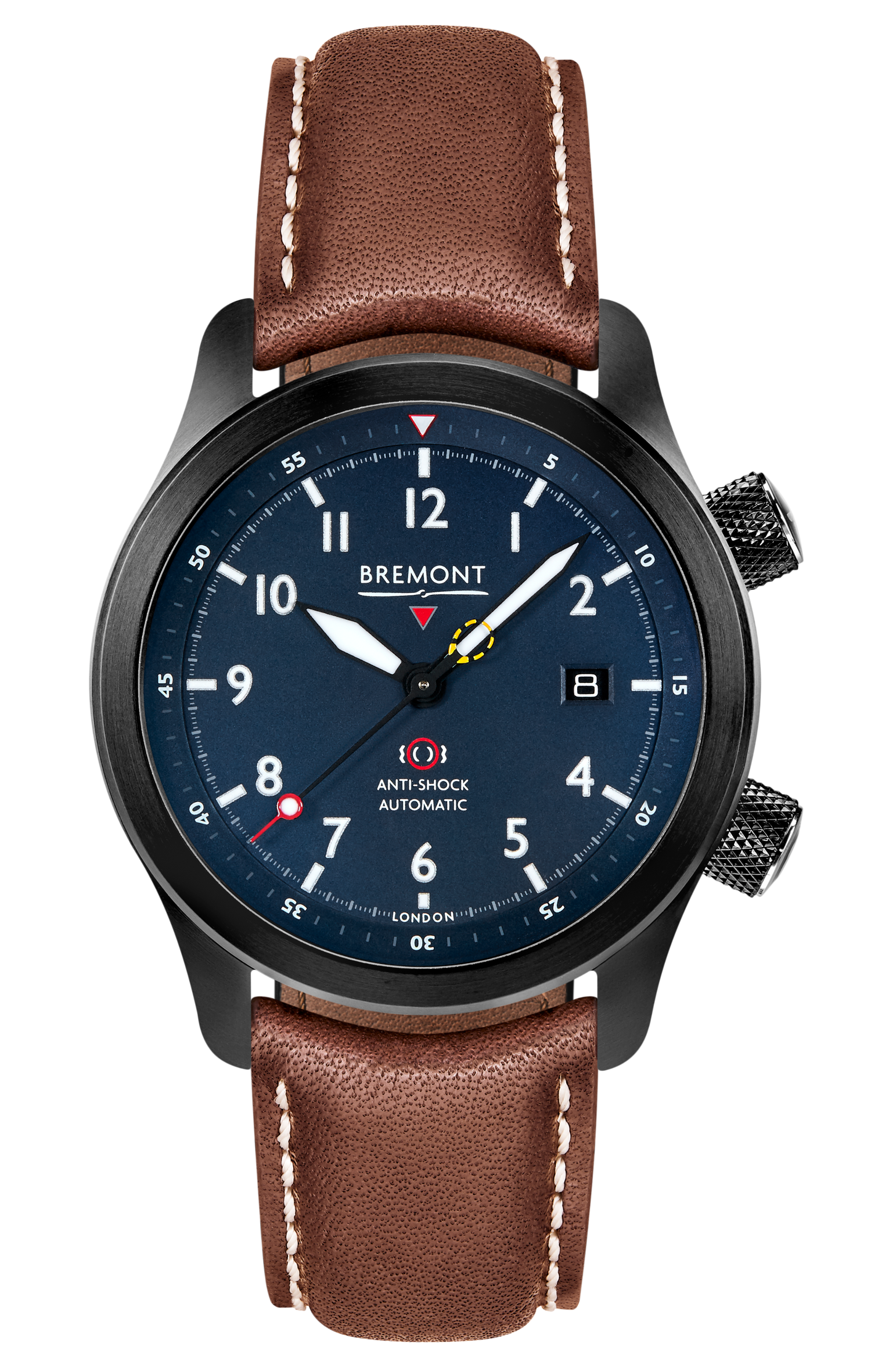 Bremont Watch Company Configurator Brown with White Stitch Leather / Short / Pin Buckle MBII Custom DLC, Blue Dial with Dark Blue Barrel & Closed Case Back