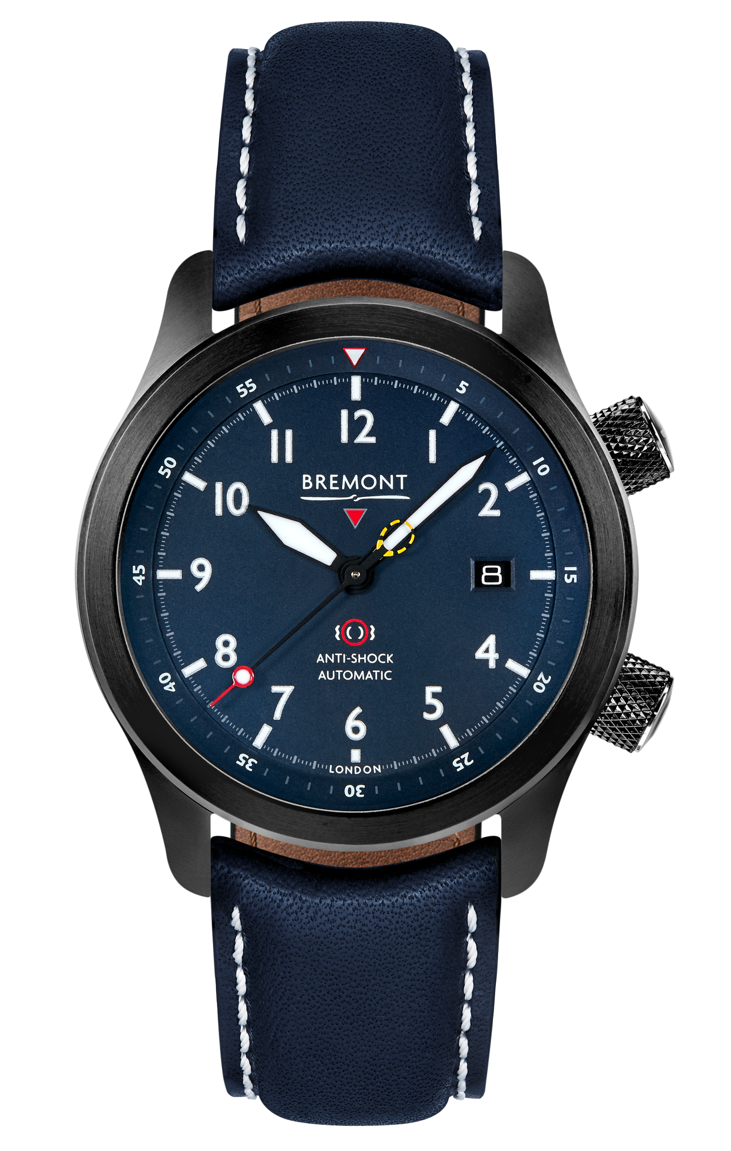 Bremont Watch Company Configurator Blue with White Stitch Leather / Short / Pin Buckle MBII Custom DLC, Blue Dial with Dark Blue Barrel & Open Case Back