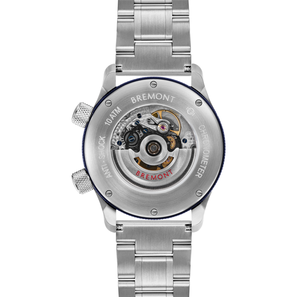 MBII Custom Stainless Steel, White Dial with Blue Barrel & Open Case Back