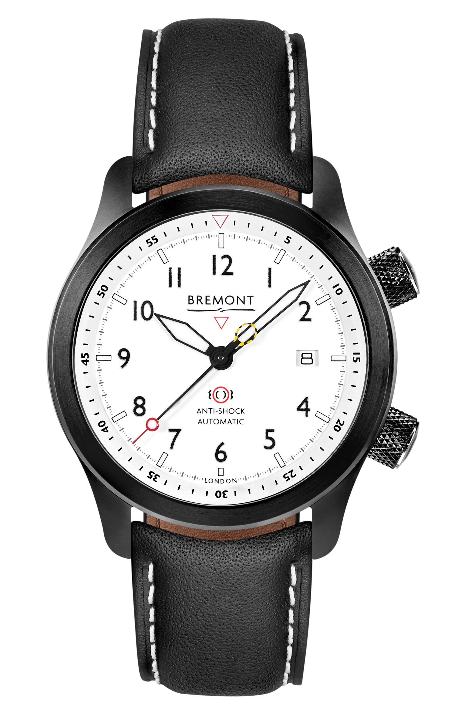 Bremont Watch Company Configurator Grey with White Stitch Leather / Short / Pin Buckle MBII Custom DLC, White Dial with Dark Blue Barrel & Closed Case Back