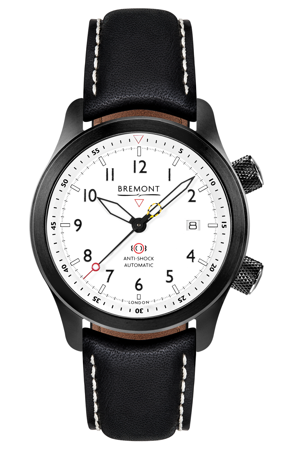 Bremont Watch Company Configurator Black with White Stitch Leather / Short / Pin Buckle MBII Custom DLC, White Dial with Dark Blue Barrel & Open Case Back