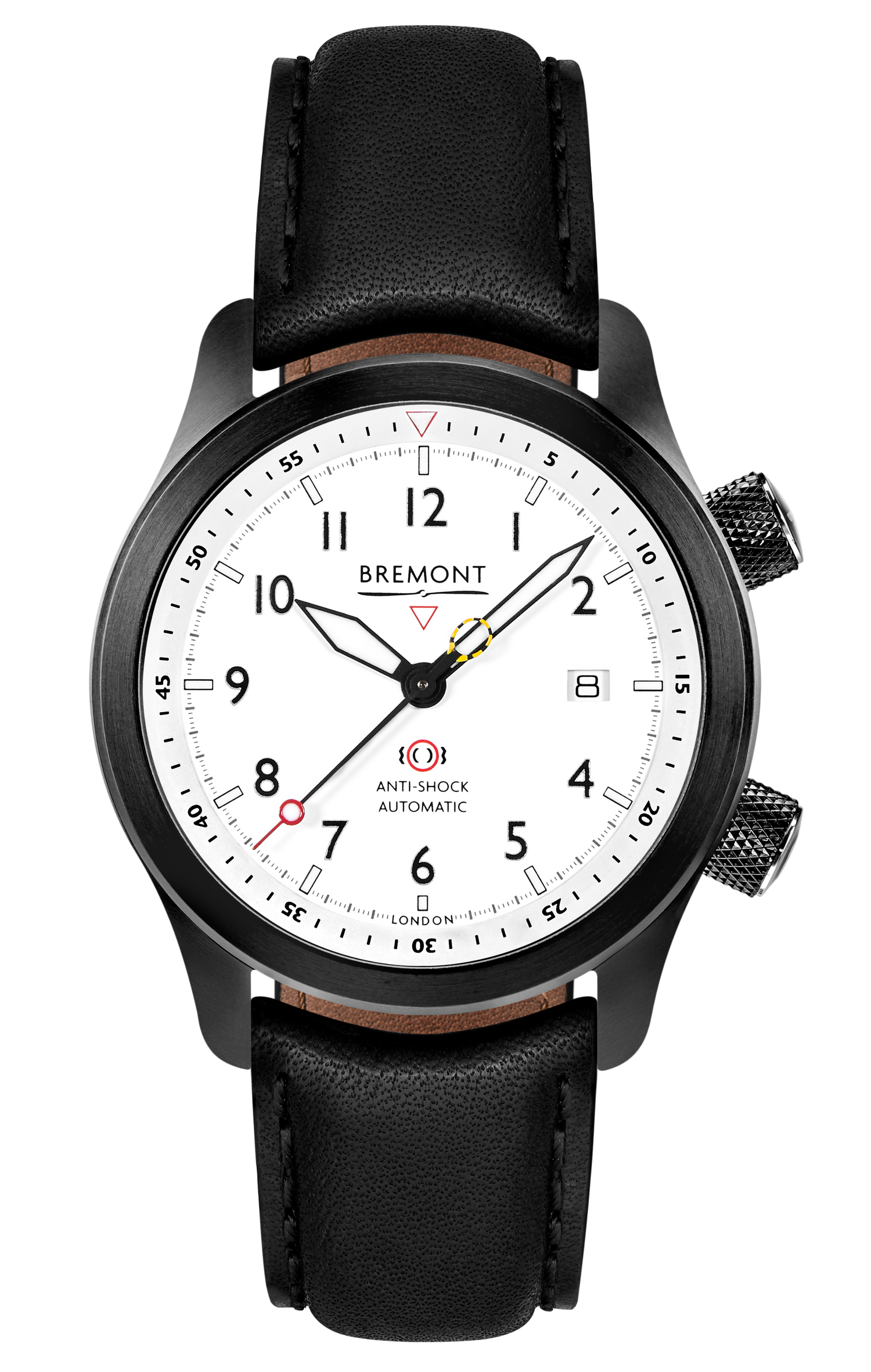 Bremont Watch Company Configurator Black with Black Stitch Leather / Short / Pin Buckle MBII Custom DLC, White Dial with Dark Blue Barrel & Open Case Back