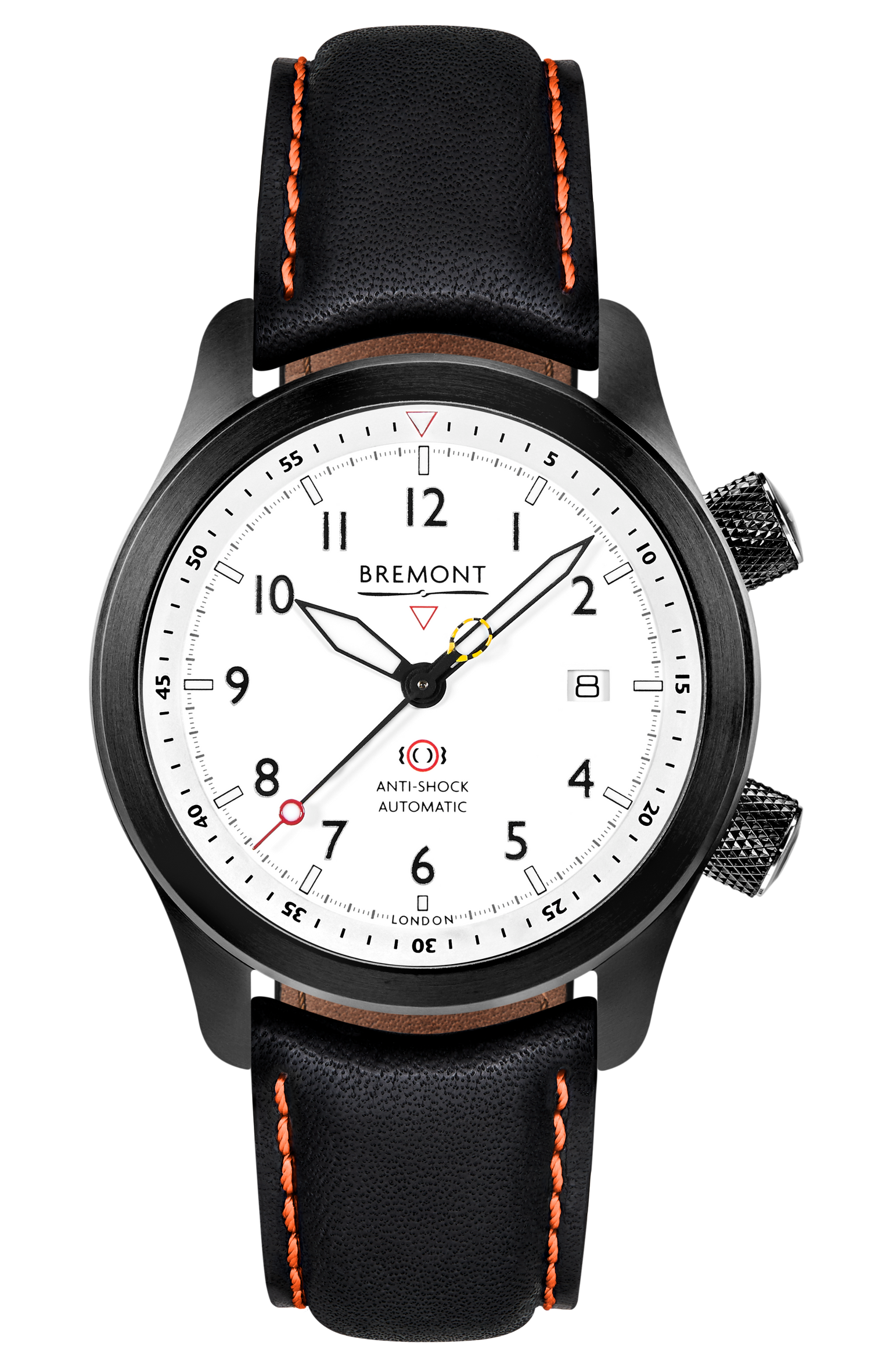 Bremont Watch Company Configurator Black with Orange Stitch Leather / Short / Pin Buckle MBII Custom DLC, White Dial with Dark Blue Barrel & Open Case Back