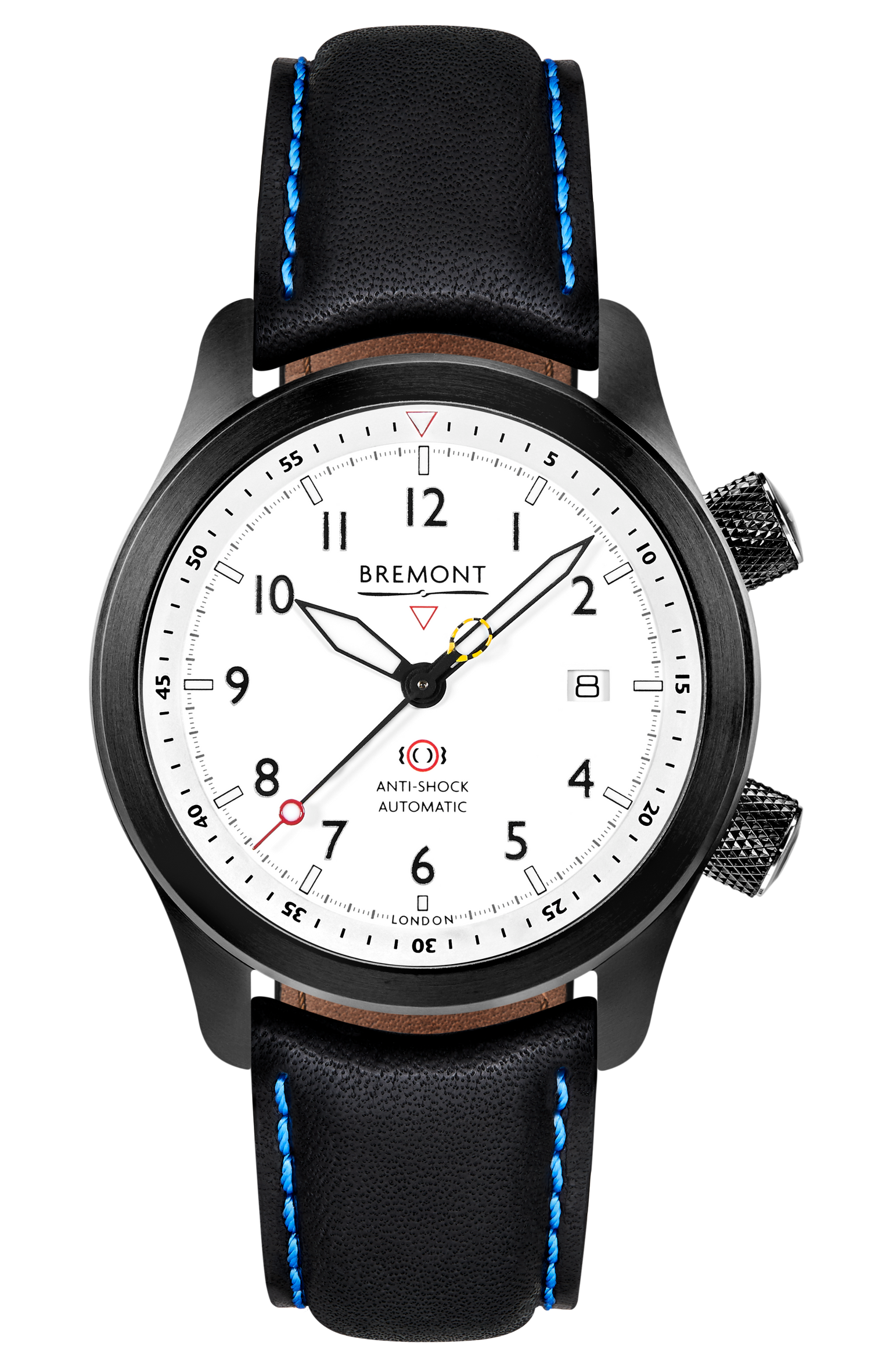 Bremont Watch Company Configurator Black with Blue Stitch Leather / Short / Pin Buckle MBII Custom DLC, White Dial with Dark Blue Barrel & Open Case Back