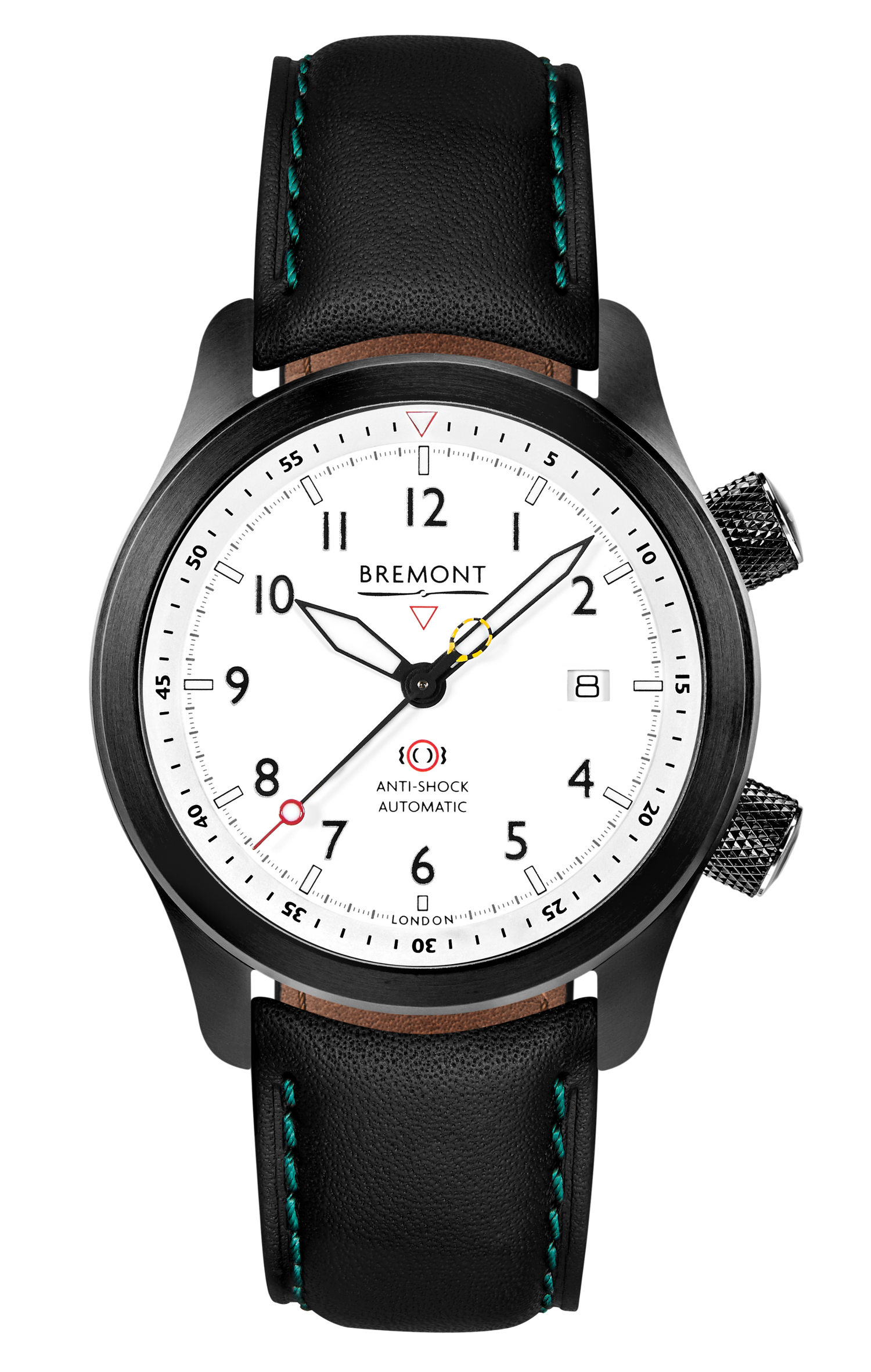 Bremont Watch Company Configurator Black with Green Stitch Leather / Short / Pin Buckle MBII Custom DLC, White Dial with Dark Blue Barrel & Closed Case Back