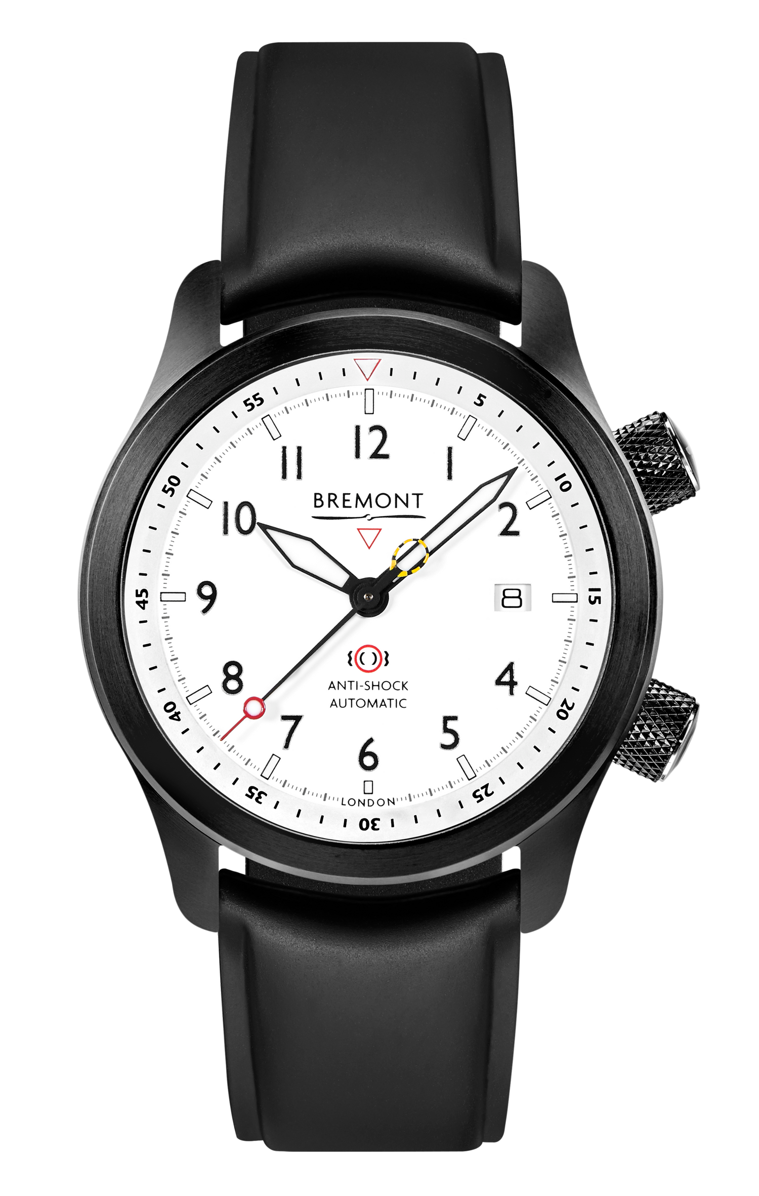 Bremont Watch Company Configurator Black Temple Island / Short / Pin Buckle MBII Custom DLC, White Dial with Dark Blue Barrel & Closed Case Back