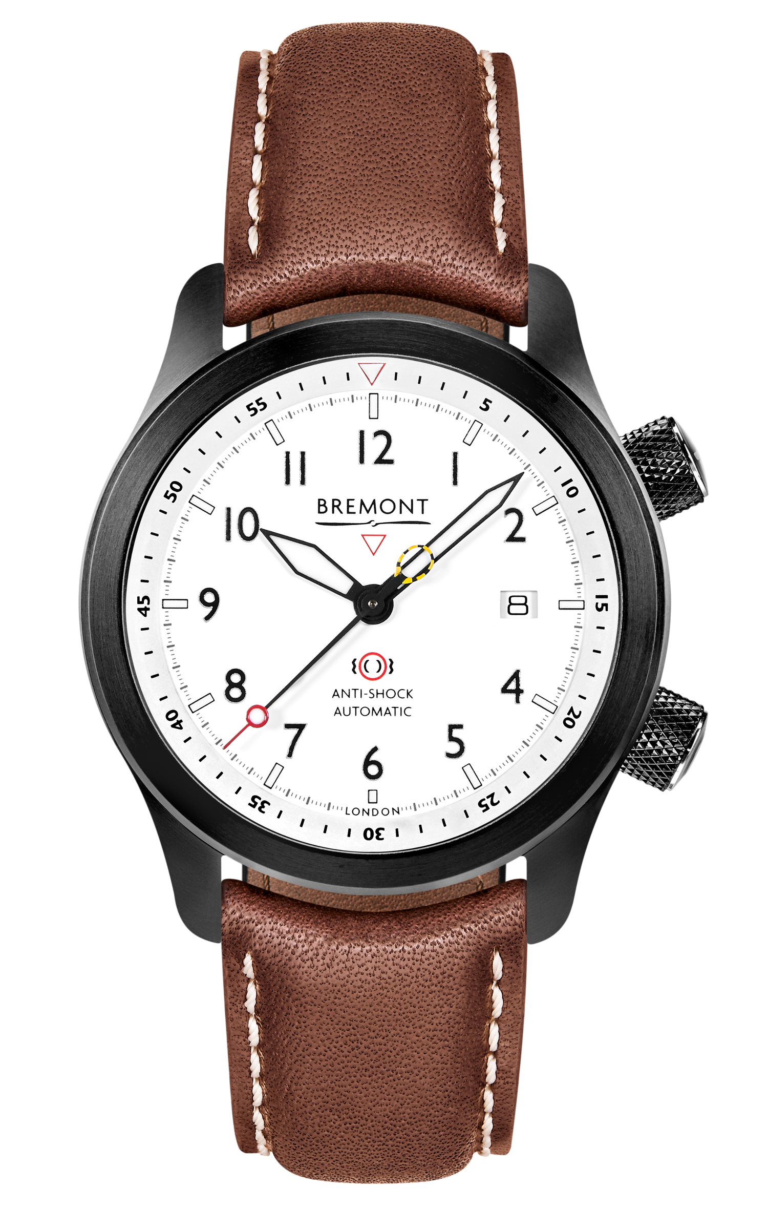 Bremont Watch Company Configurator Brown with White Stitch Leather / Short / Pin Buckle MBII Custom DLC, White Dial with Dark Blue Barrel & Closed Case Back