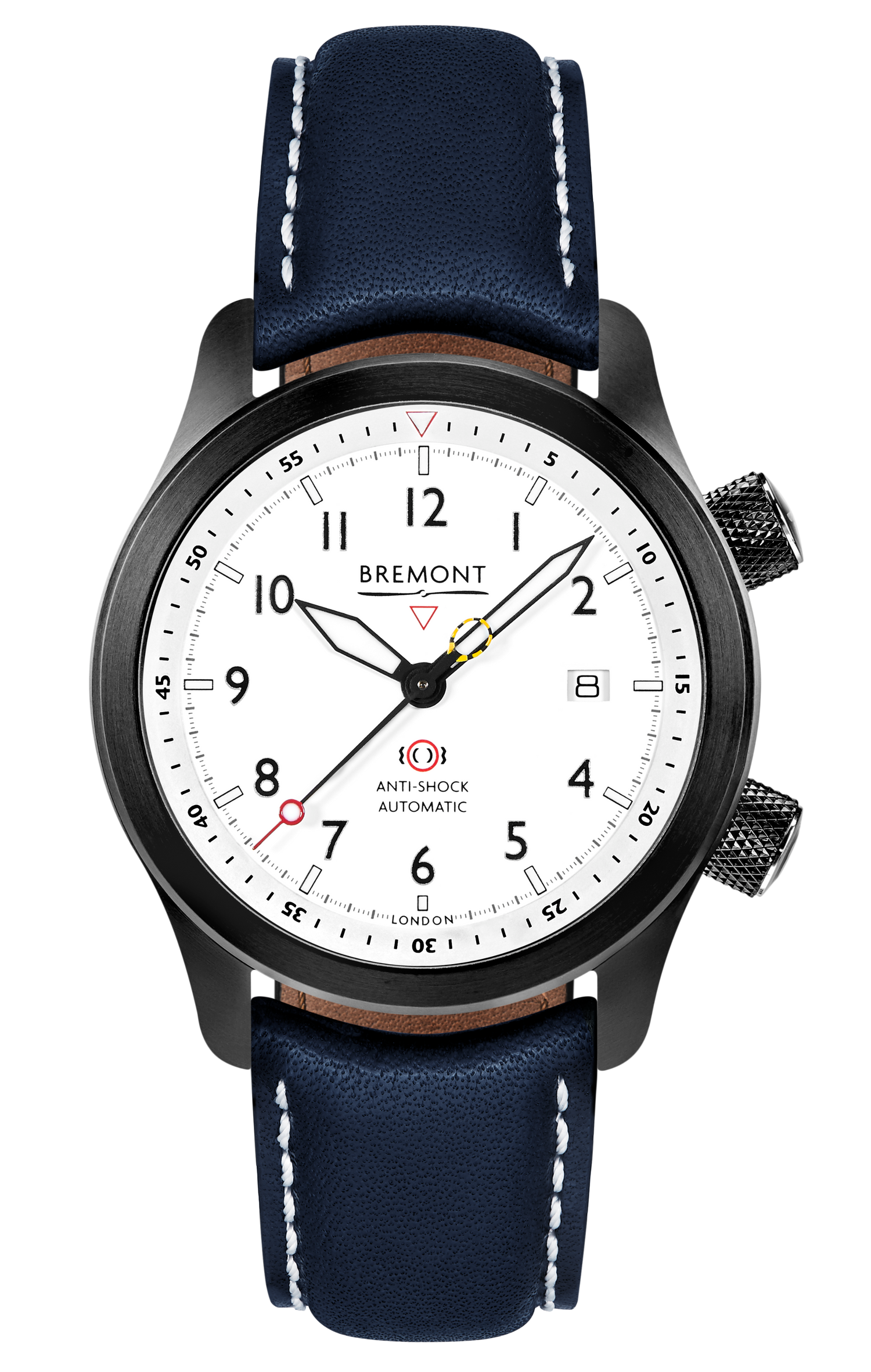 Bremont Watch Company Configurator Blue with White Stitch Leather / Short / Pin Buckle MBII Custom DLC, White Dial with Dark Blue Barrel & Closed Case Back
